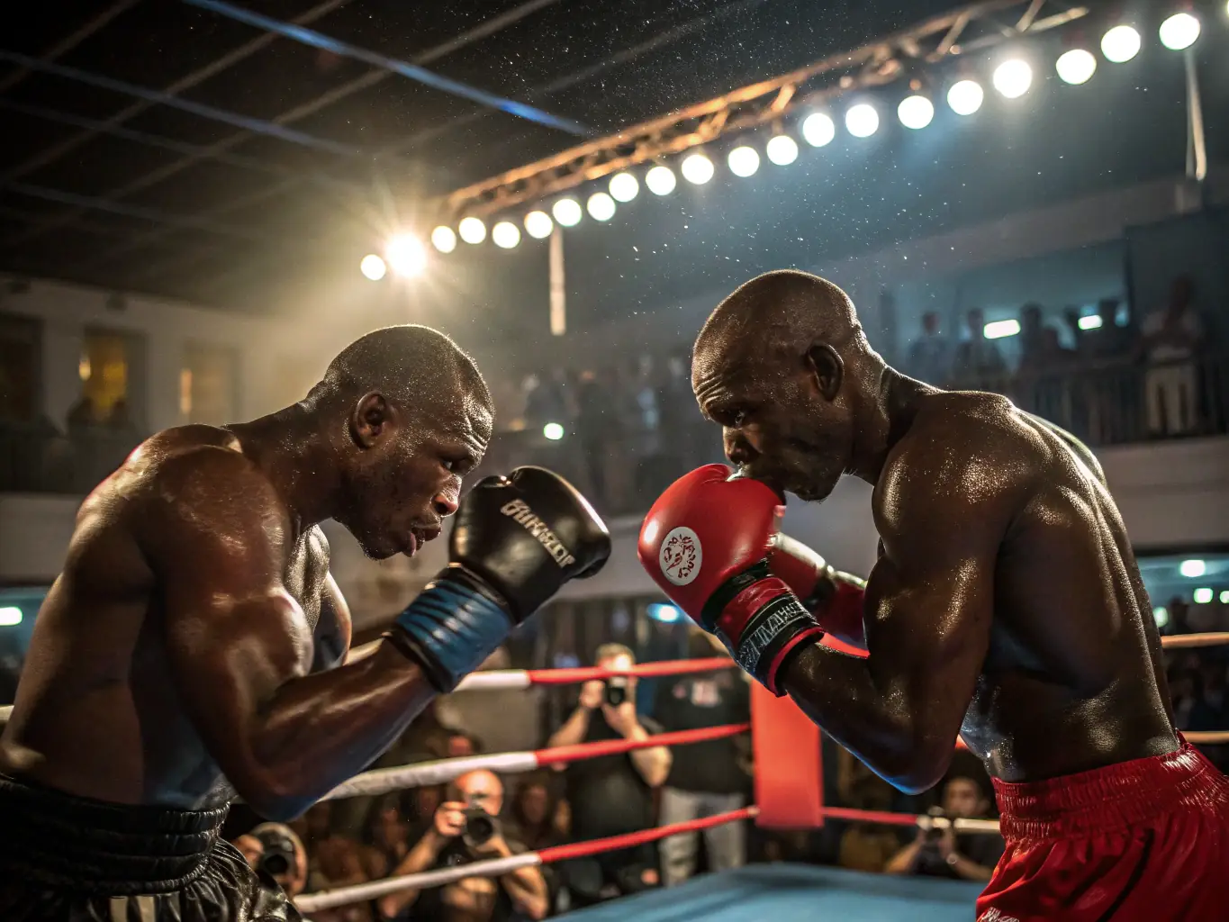 A dynamic action shot of boxers sparring in a well-equipped boxing ring, showcasing intense training and skill development.