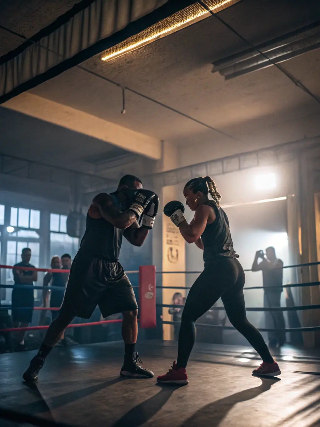 A dynamic shot of a group of adults participating in a sparring session, showcasing the intensity and camaraderie of the training.