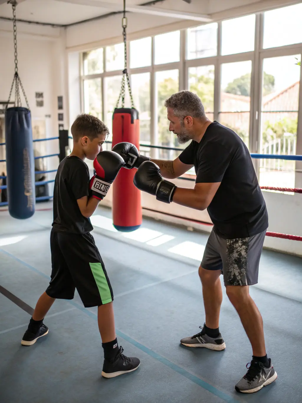 A high-energy image of a boxing coach guiding a student through proper punching technique, showcasing personalized attention.