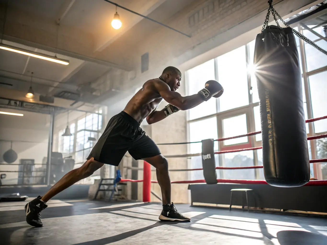 A boxer training in a ring, focused and determined, with the BC logo subtly displayed in the background.