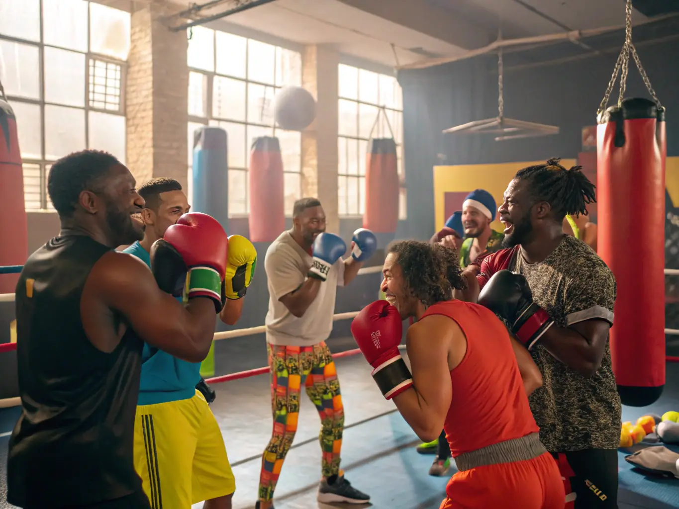 A vibrant scene of members engaging in recreational boxing practice, highlighting the fun and social aspects of the sport.