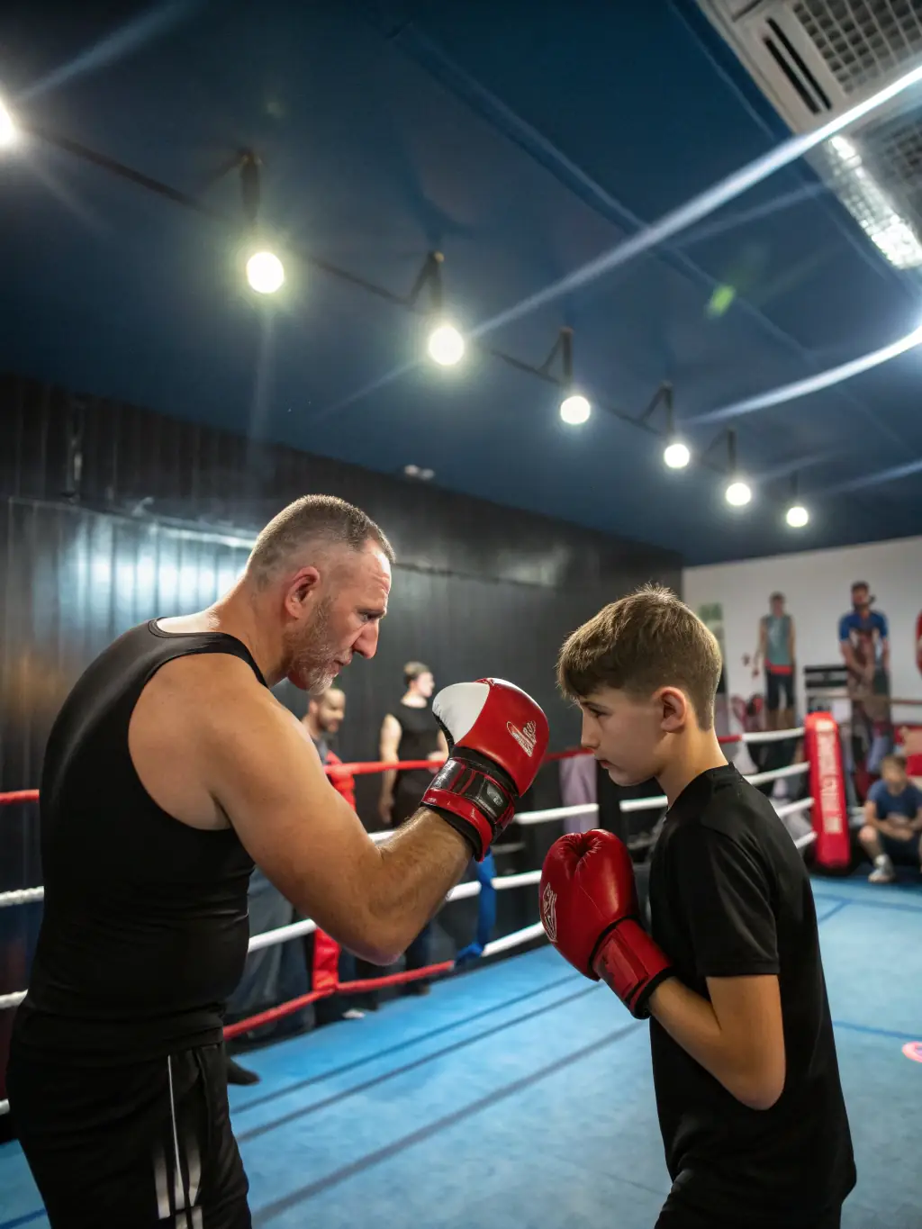 A high-energy image of a boxing coach working with a young athlete, demonstrating proper punching form in a well-lit gym.